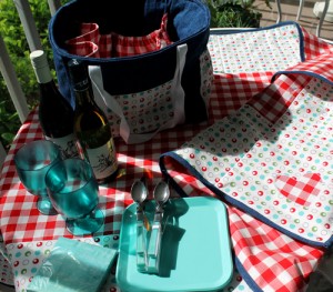 Use Miss Polka Dance old Lace/Barn Red for pockets and wine bottle holders on picnic tote.  