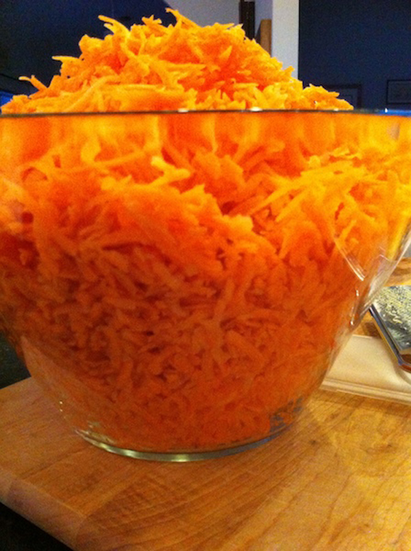Shredded carrots for Carrot Jam, Adventures in the Kitchen with Michelle, Carrots at Christmas